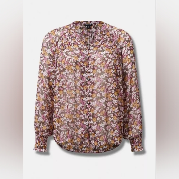 {Torrid} Crinkle Chiffon Smocked Blouson Sleeve Blouse - Picture 5 of 12